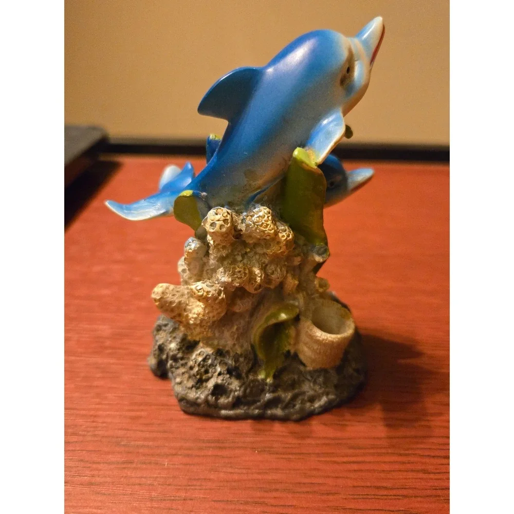 Vintage Blue Dolphin Pair Figurine Coral Reef Ocean Decor Resin Statue 5 Inch